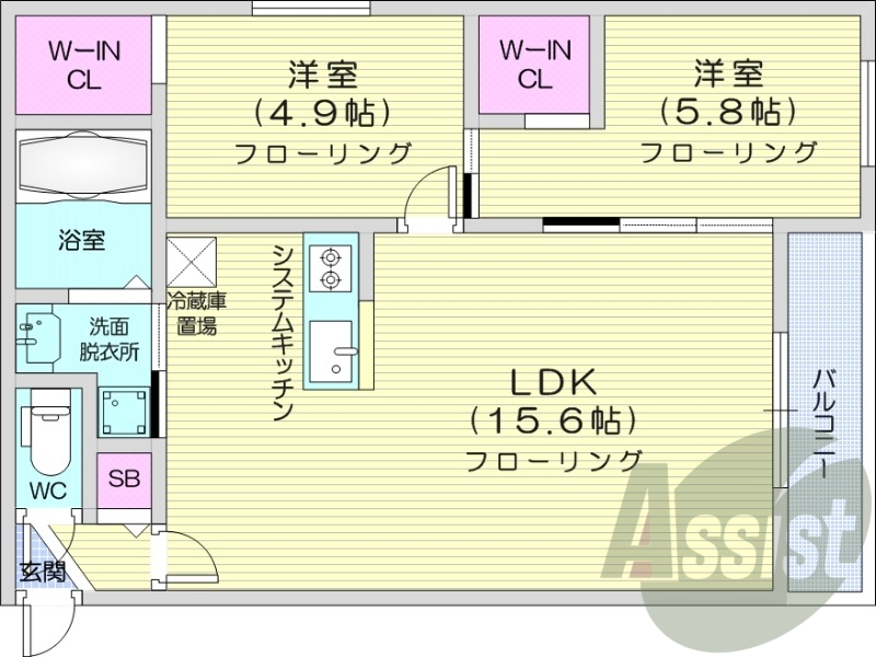 2LDK、エアコン、システムキッチン、ネット無料