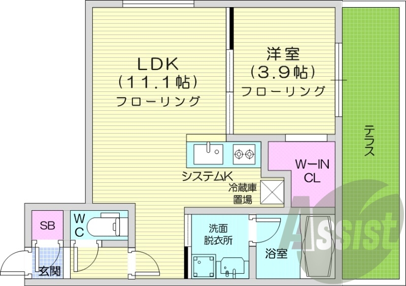 1LDK、エアコン、システムキッチン、ネット無料