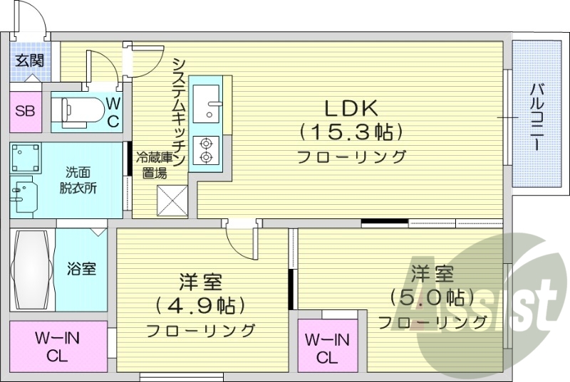 2LDK、エアコン、システムキッチン、ネット無料