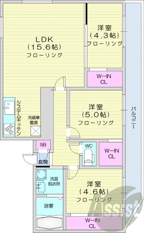 3LDK、エアコン、システムキッチン、ネット無料