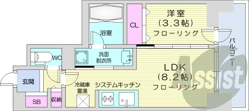 1LDK、分譲賃貸、都市ガス、床暖房、エアコン、追い焚き