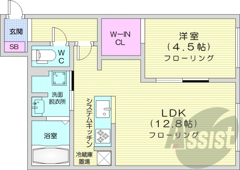1LDK、エアコン、都市ガス、システムキッチン