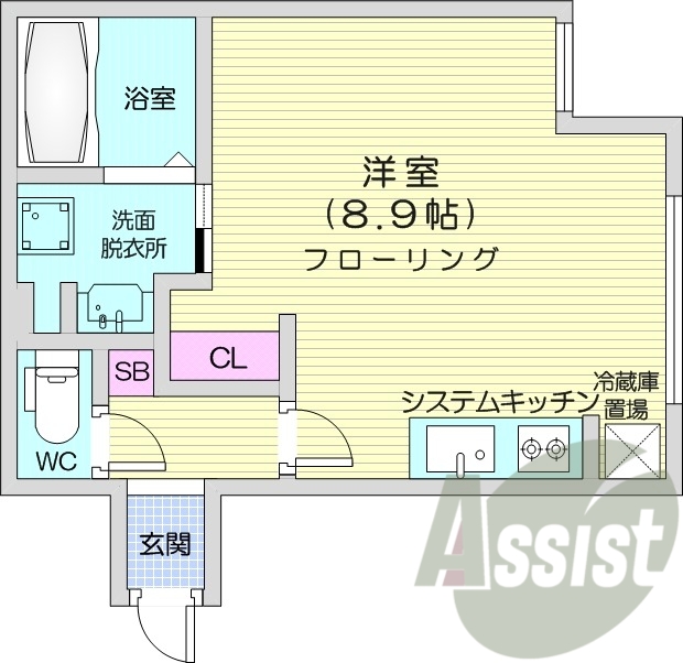 1K、エアコン、都市ガス、システムキッチン