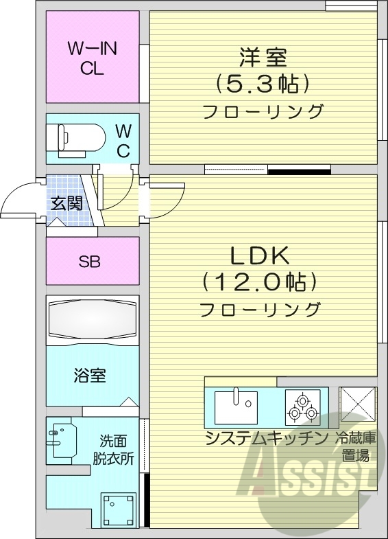1LDK、エアコン、都市ガス、システムキッチン