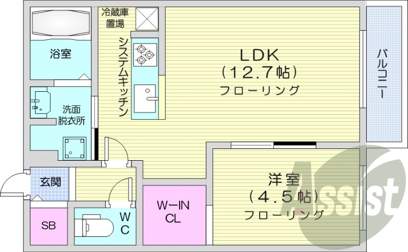 1LDK、エアコン、都市ガス、システムキッチン