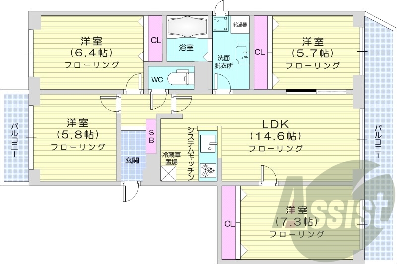 4LDK、都市ガス、エアコン、システムキッチン