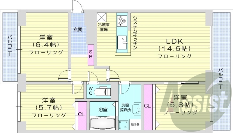 3LDK、都市ガス、エアコン、システムキッチン