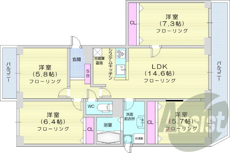 4LDK、都市ガス、エアコン、システムキッチン