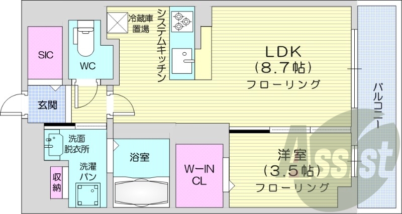 1LDK、分譲マンション、都市ガス、ウォークインクローゼット