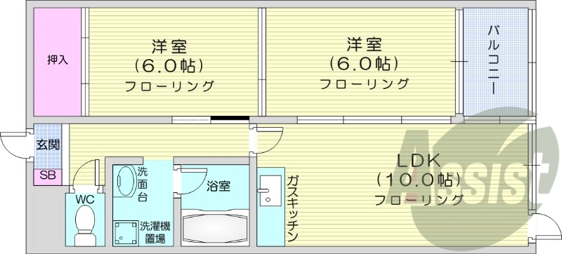 2LDK、トランクルーム、灯油暖房、ガスキッチン