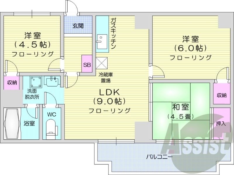 3DK、オートロック、エレベーター、バストイレ別
