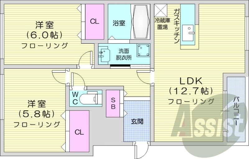 2LDK、灯油暖房、独立洗面台、モニターホン
