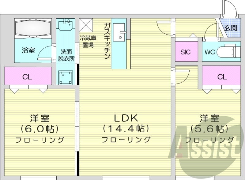 2LDK、エアコン、独立洗面台、シャワートイレ