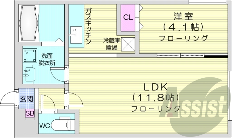 1LDK、エアコン、独立洗面台、シャワートイレ