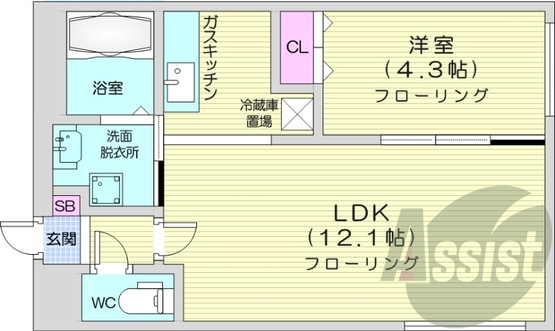 1LDK、エアコン、独立洗面台、シャワートイレ