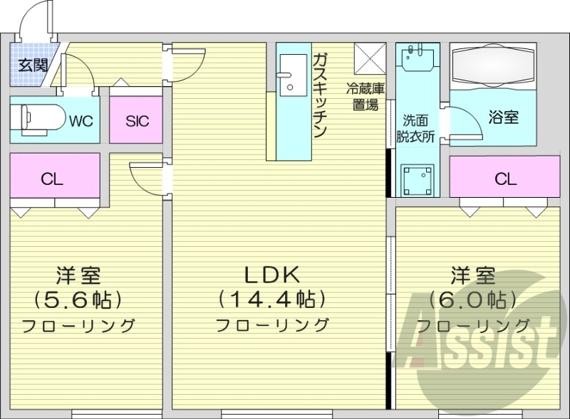 2LDK、エアコン、独立洗面台、シャワートイレ