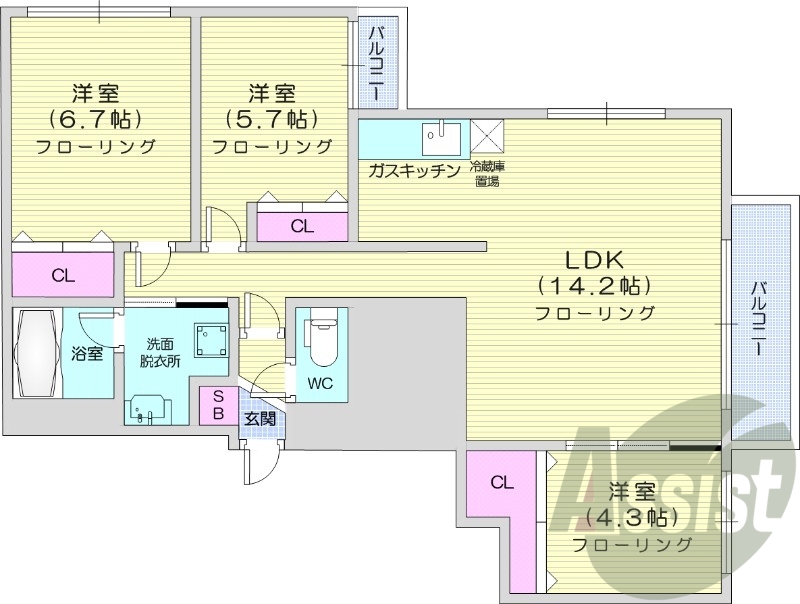 3LDK、エアコン、独立洗面台、シャワートイレ