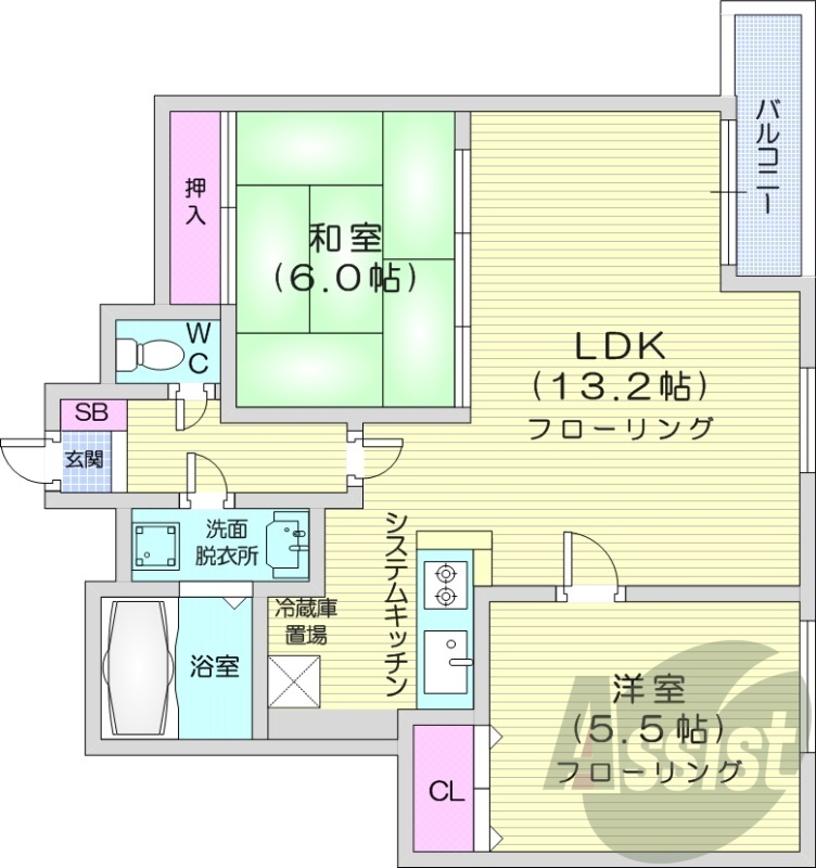 2LDK、エアコン、システムキッチン、独立洗面台