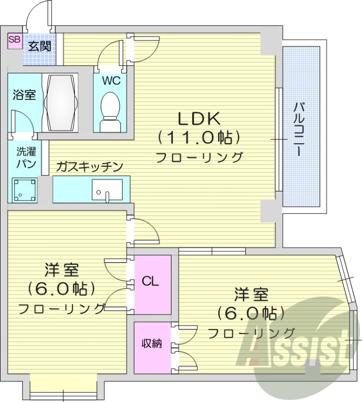 2LDK、風呂トイレ別、TVモニターホン