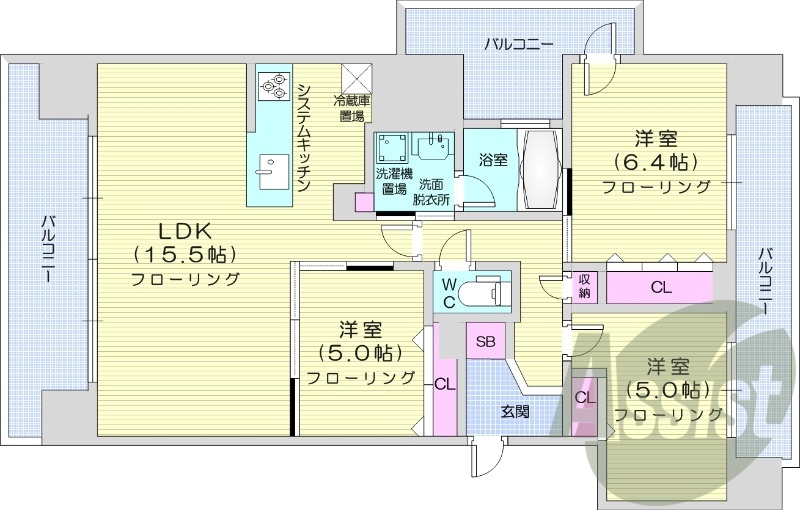 3LDK、都市ガス、システムキッチン、バルコニー、独立洗面