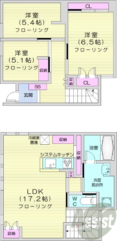 3LDK、エアコン、都市ガス、システムキッチン