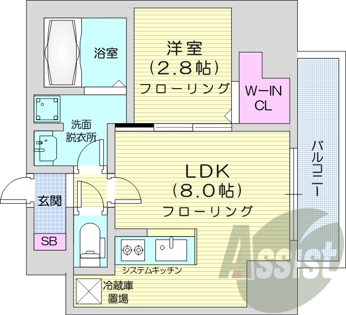 1LDK、エアコン、システムキッチン、床暖房