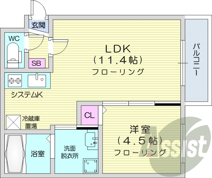 1LDK、エアコン、灯油暖房、システムキッチン