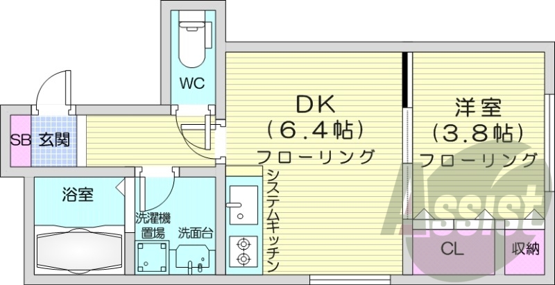 1DK、エアコン、カメラ付きインターホン、シューズボックス