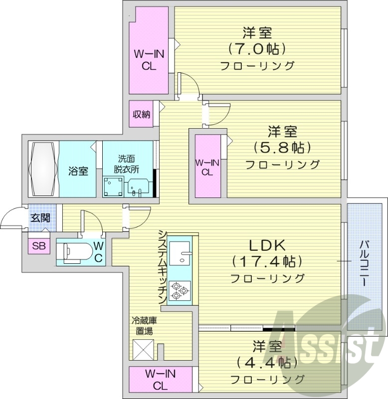 3LDK、エアコン、都市ガス、ペット飼育可