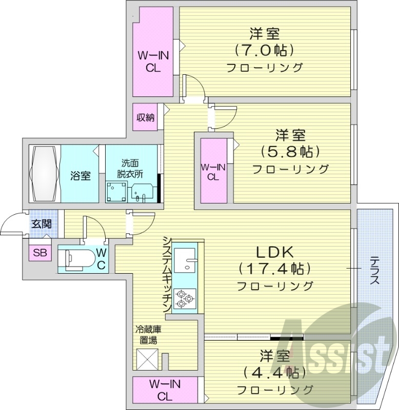 3LDK、エアコン、都市ガス、ペット飼育可