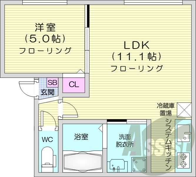 1LDK、エアコン、灯油暖房、システムキッチン