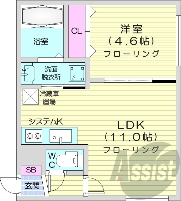 1LDK、エアコン、灯油暖房、システムキッチン