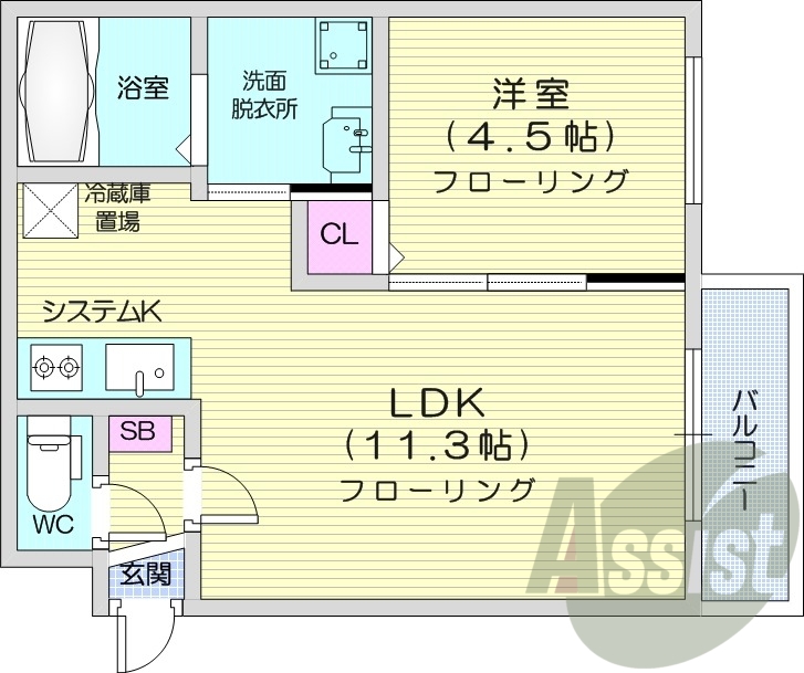 1LDK、エアコン、灯油暖房、システムキッチン
