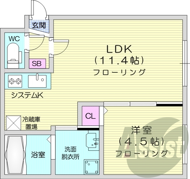 1LDK、エアコン、灯油暖房、システムキッチン