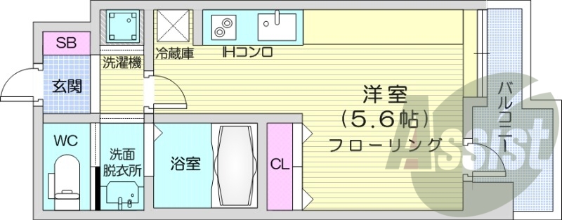 1K、システムキッチン、エアコン、バルコニー、独立洗面