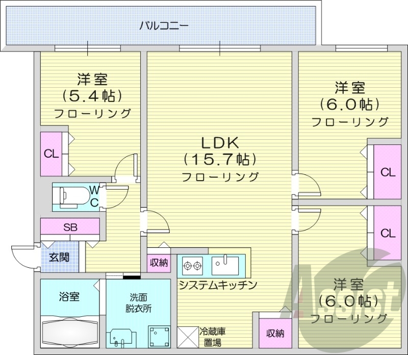 3LDK、エアコン、システムキッチン、独立洗面台、追い焚き
