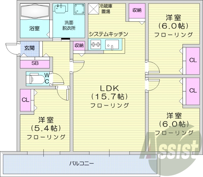 3LDK、エアコン、システムキッチン、独立洗面台、追い焚き