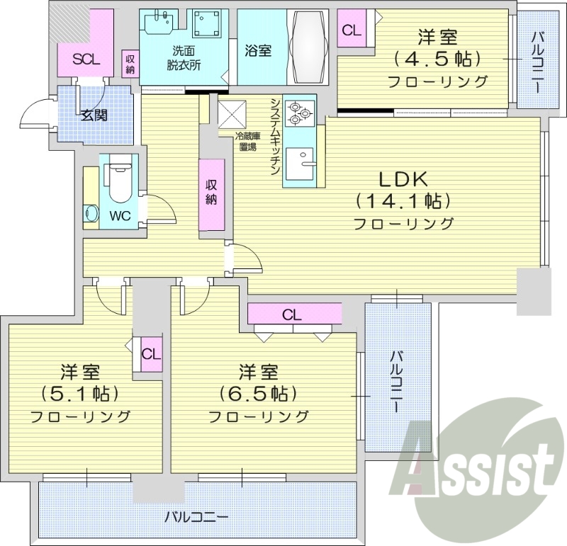 3LDK、都市ガス、追い焚き、浴室乾燥機、システムキッチン