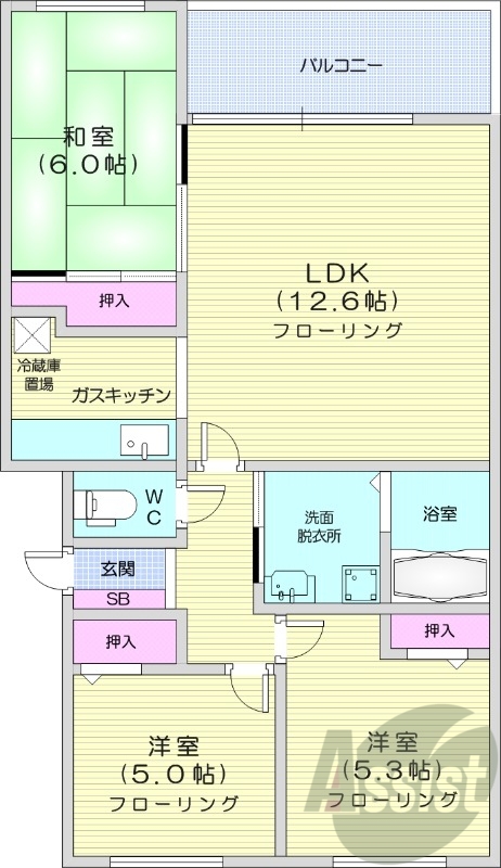 3LDK、都市ガス、ウォシュレット、独立洗面台、ペット相談