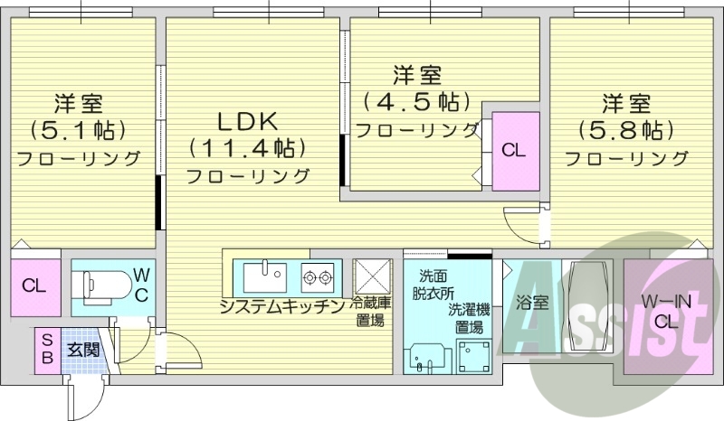 3LDK、インターネット使用料不要、エアコン