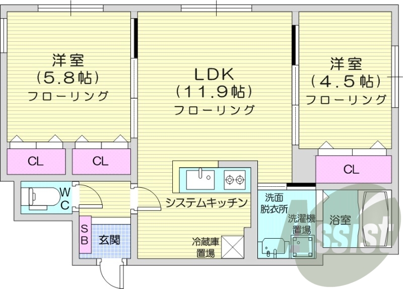 2LDK、インターネット使用料不要、エアコン