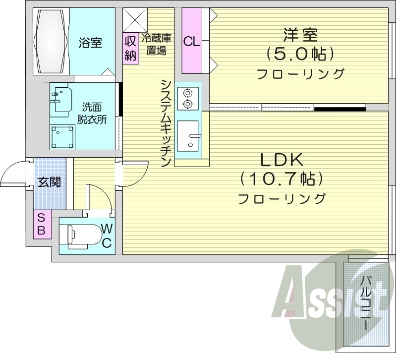 1LDK、エアコン、ペット可、オートロック、システムキッチン