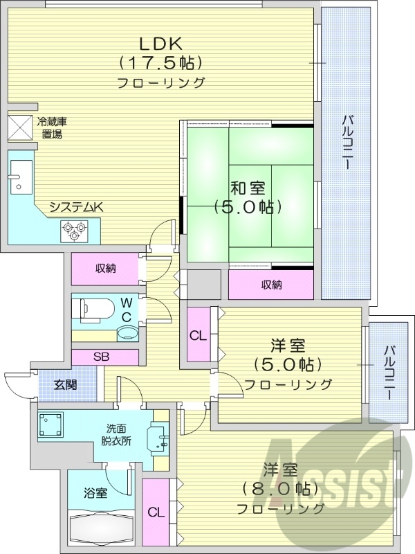3LDK、収納、洗濯機置場、オール電化、バストイレ別