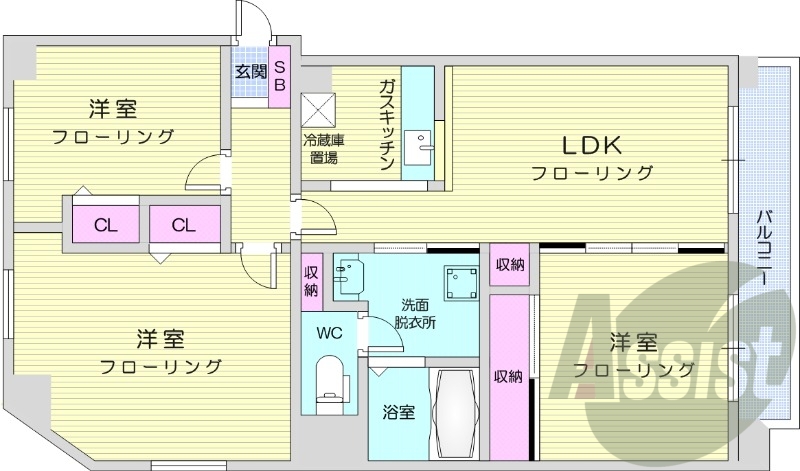 3LDK、エアコン、オートロック、灯油暖房