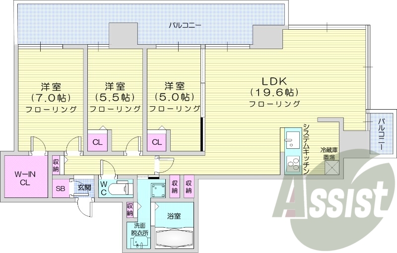 3LDK、システムキッチン、床暖房、シャワートイレ