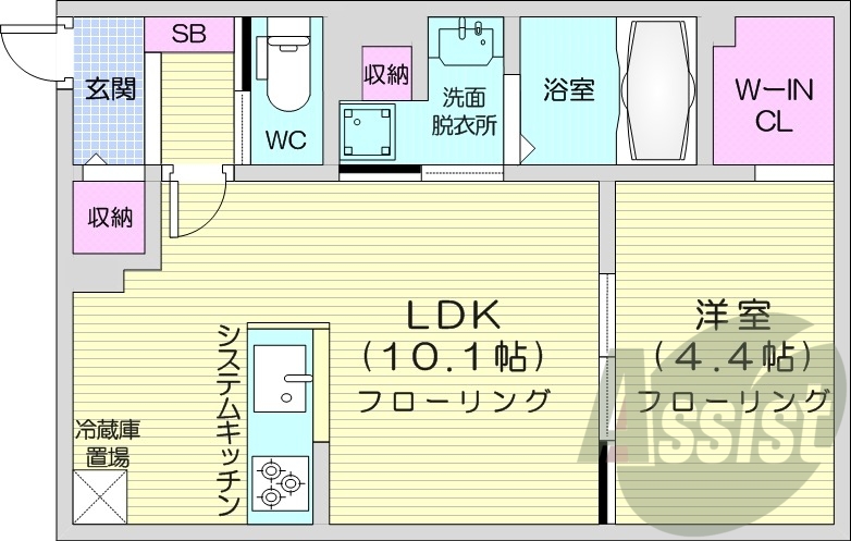 1LDK、都市ガス、エアコン、システムキッチン