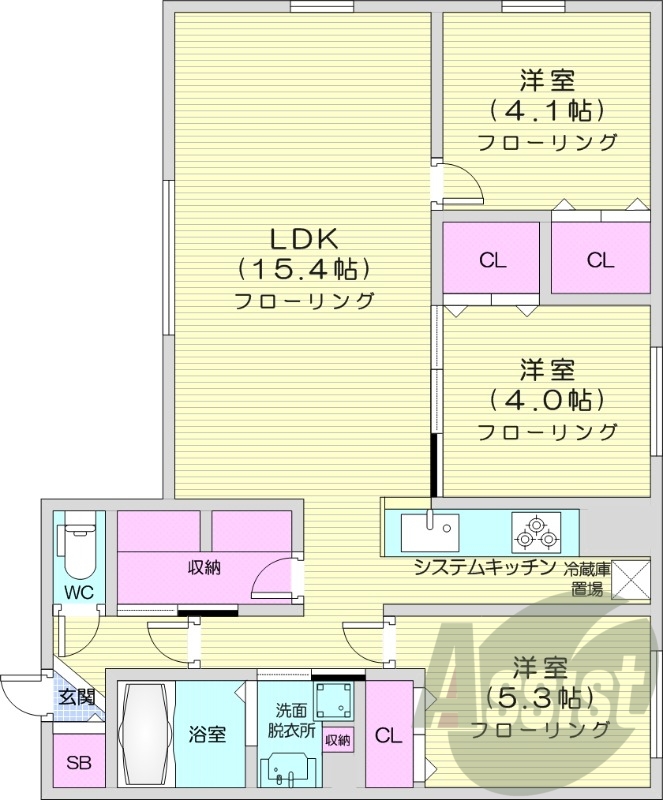 3LDK、都市ガス、エアコン、システムキッチン