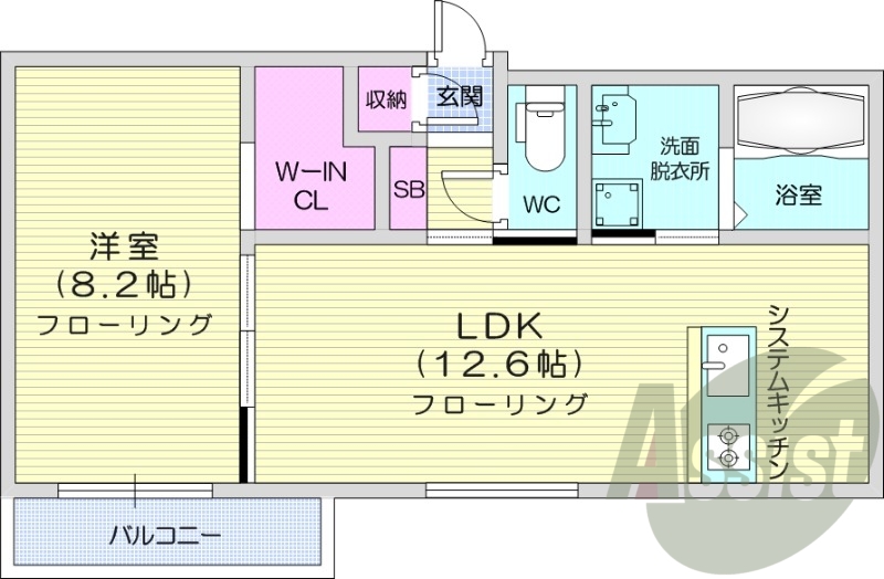 1LDK、都市ガス、エアコン、独立洗面台、システムキッチン