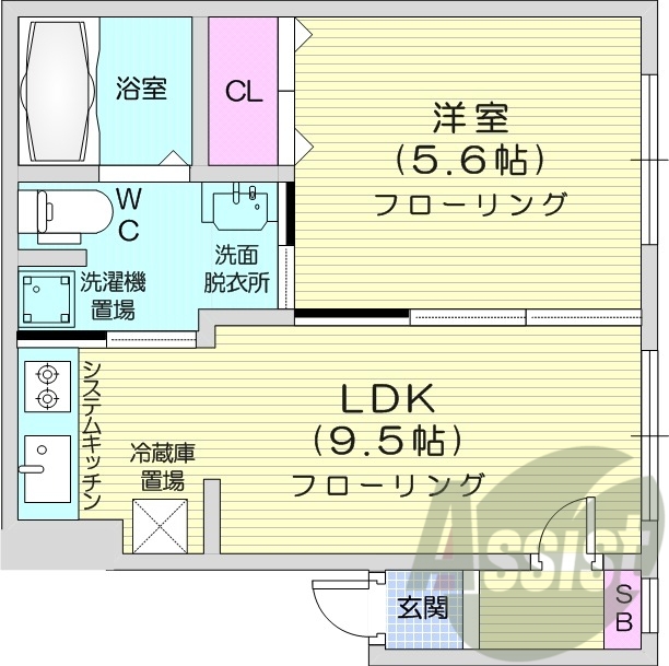 1LDK、システムキッチン、浴室乾燥機、エアコン