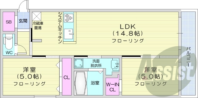 2LDK、エアコン、都市ガス、システムキッチン